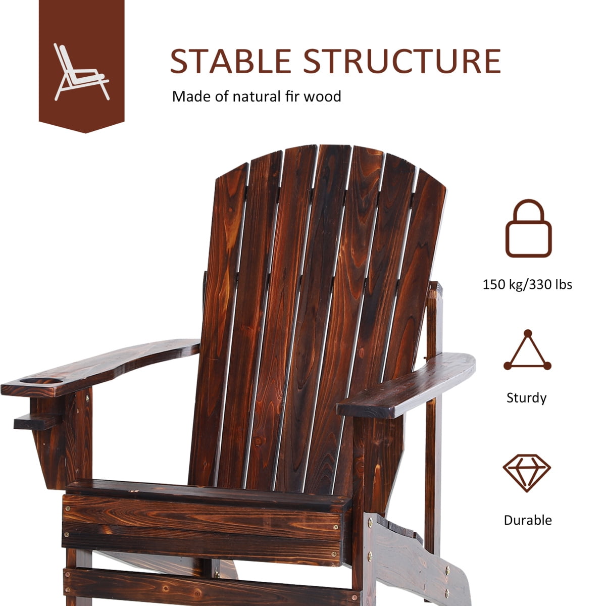 Newboti Furniture Wooden Adirondack Chair, Outdoor Patio Lawn Chair with Cup Holder, Weather Resistant Lawn Furniture, Classic Lounge for Deck, Garden, Backyard, Fire Pit, Brown BN.7218