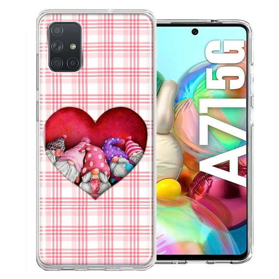 MUNDAZE for Samsung Galaxy A71 4G Valentine's Day Garden Gnomes Heart Love Pink Plaid Double Layer Phone Case Cover