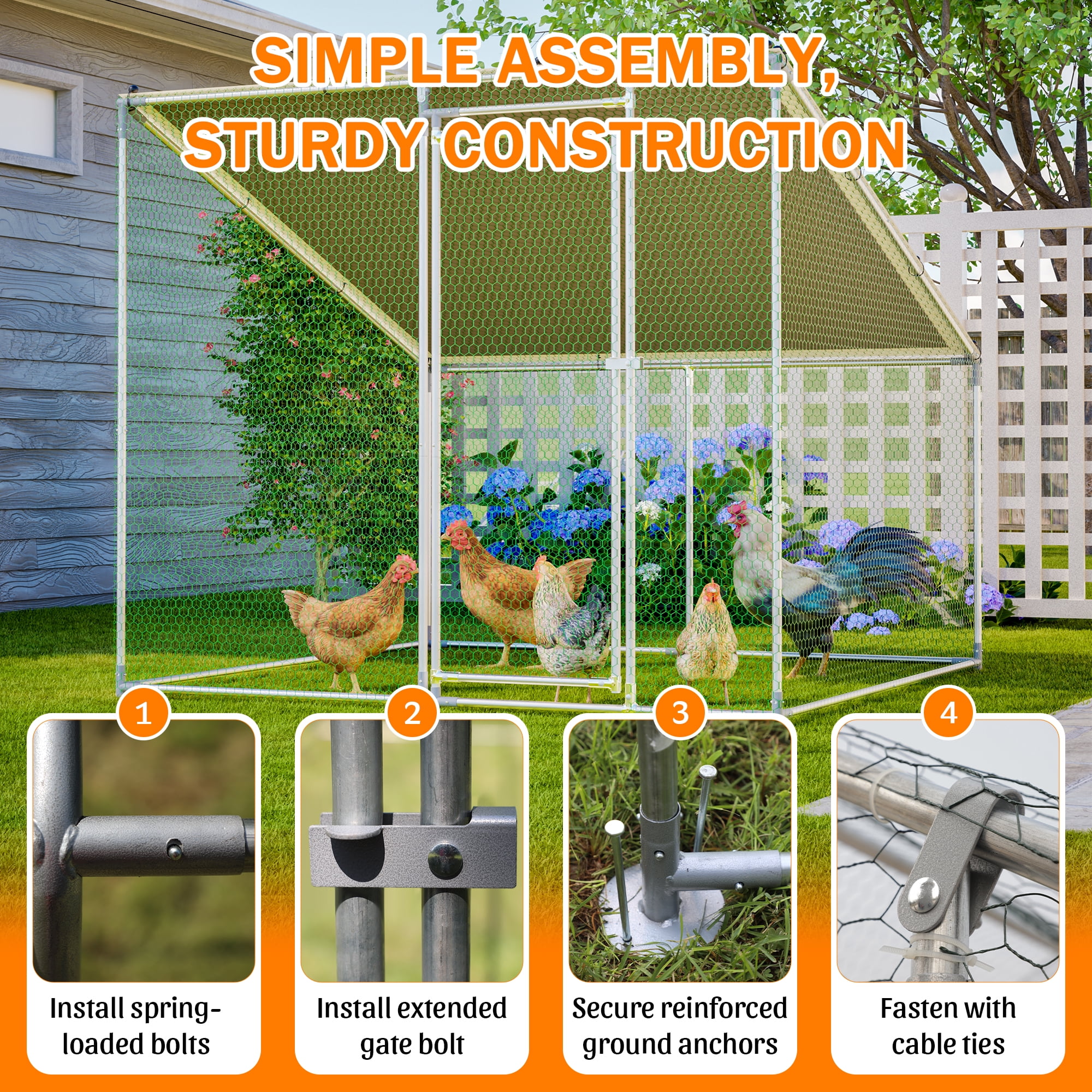 Walk-In Metal Chicken Coop,Slanted Roof,Heavy-Duty All-Weather Poultry Cage with Waterproof & Anti-UV Cover, Stable Outdoor Run for Yard with Spring Button Connectors & Reinforced Mesh