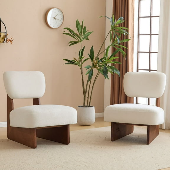 YIYADO Accent Chair Set of 2, Mid-Century Modern Chair, Polyester Fiber Upholstery, Walnut Finish Wooden Base, Simple and Stylish Accent Seat for Living Room, Bedroom, Balcony, Beige