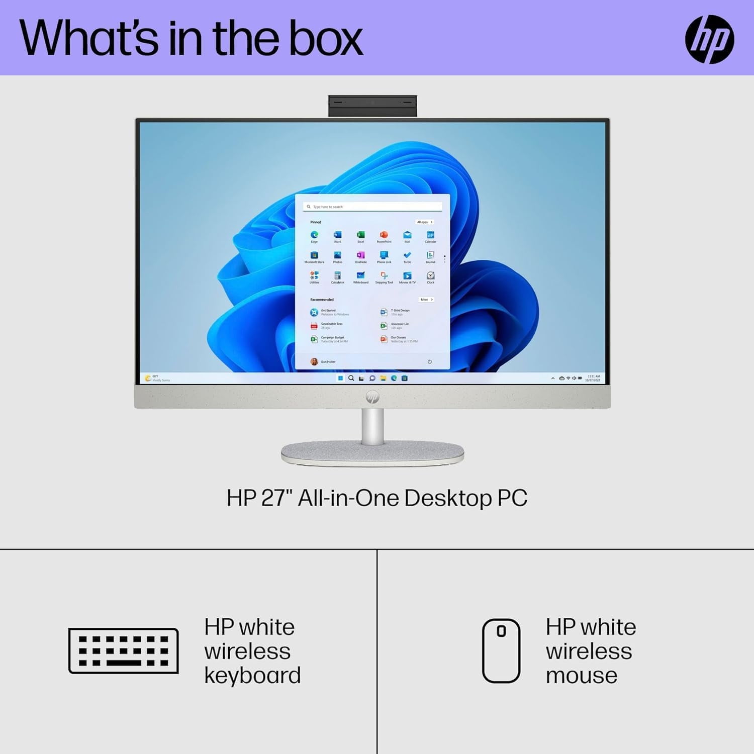 HP 27" All-in-One Desktop Computer, FHD IPS Display, 12-core Intel Core Ultra 7-155U Processor, 64GB DDR5 RAM, 1TB SSD, Adjustable Angle, Wi-Fi 6, HDMI, Wireless KB & Mouse, Windows 11 Pro