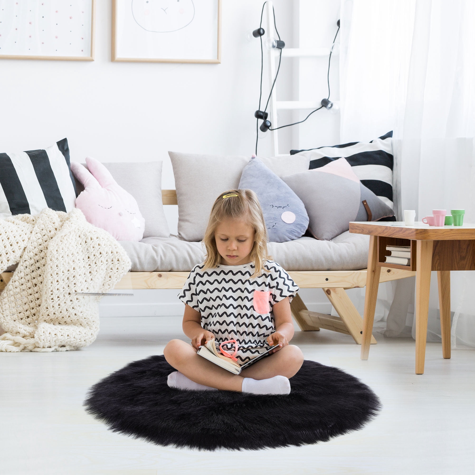 Unique Bargains Artificial Animal Wool Soft Faux Fur Sheepskin Plush Area Rug Black 3x3 Feet Round