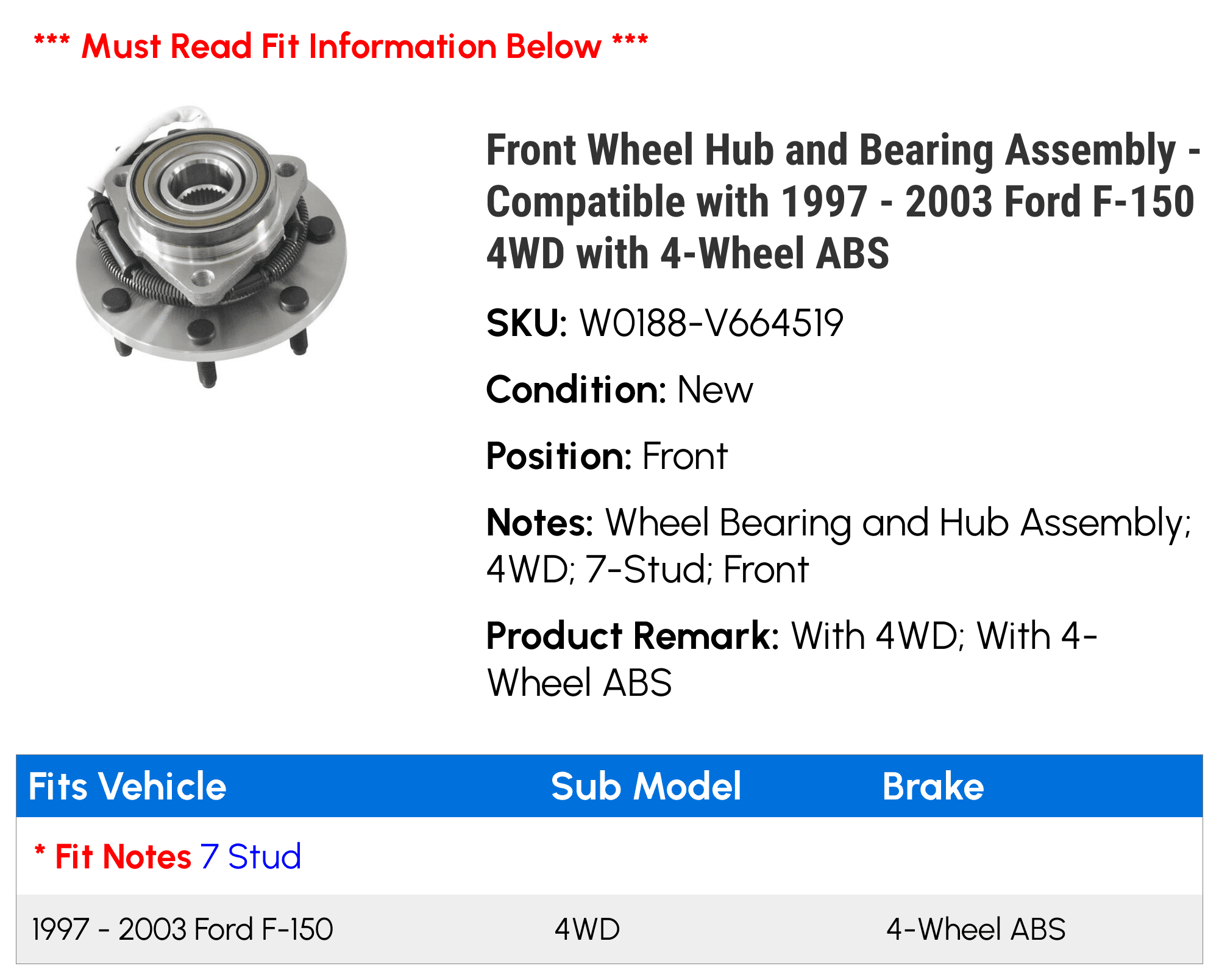 Front Wheel Bearing Hub Assembly Set For 1997-2000 Ford F-150 4WD - 2 Piece Kit - View #10