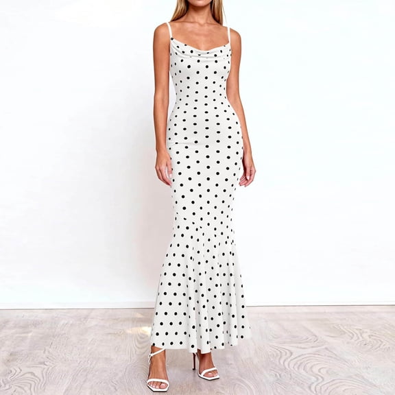 Xdegoge Prom Dresses for Women Slim Fit Spaghetti Strap Cowl Neck Maxi Dress Polka Dot Mermaid Ruffle Hem Evening Dresses Formal Wedding Guest Party