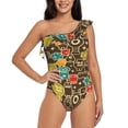 thumbnail image 2 of Picia Robot and Monsters Pattern Women's One Piece Swimsuits,One Shoulder Swimwear Asymmetric ,Ruffle Monokinis Bathing Suits,High Waisted Flattering Bathing Suits-X-Large, 2 of 8