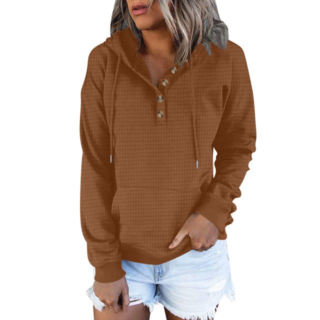 Dealovy Hoodies for Women Fall Loose Long Sleeve Solid Color Drop Shoulder Hooded Daily Button Sweatshirt with Pocket