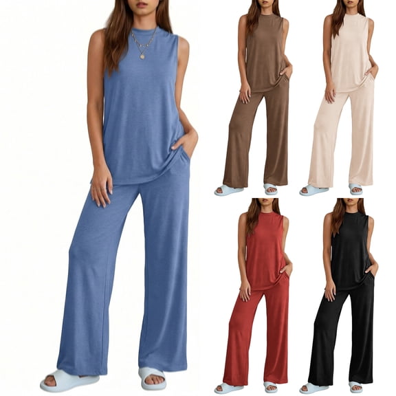 Aimik Womens 2 Piece Outfits Sleeveless High Neck Tank Top and Wide Leg Pants Set Summer Casual Lounge Sets for Women