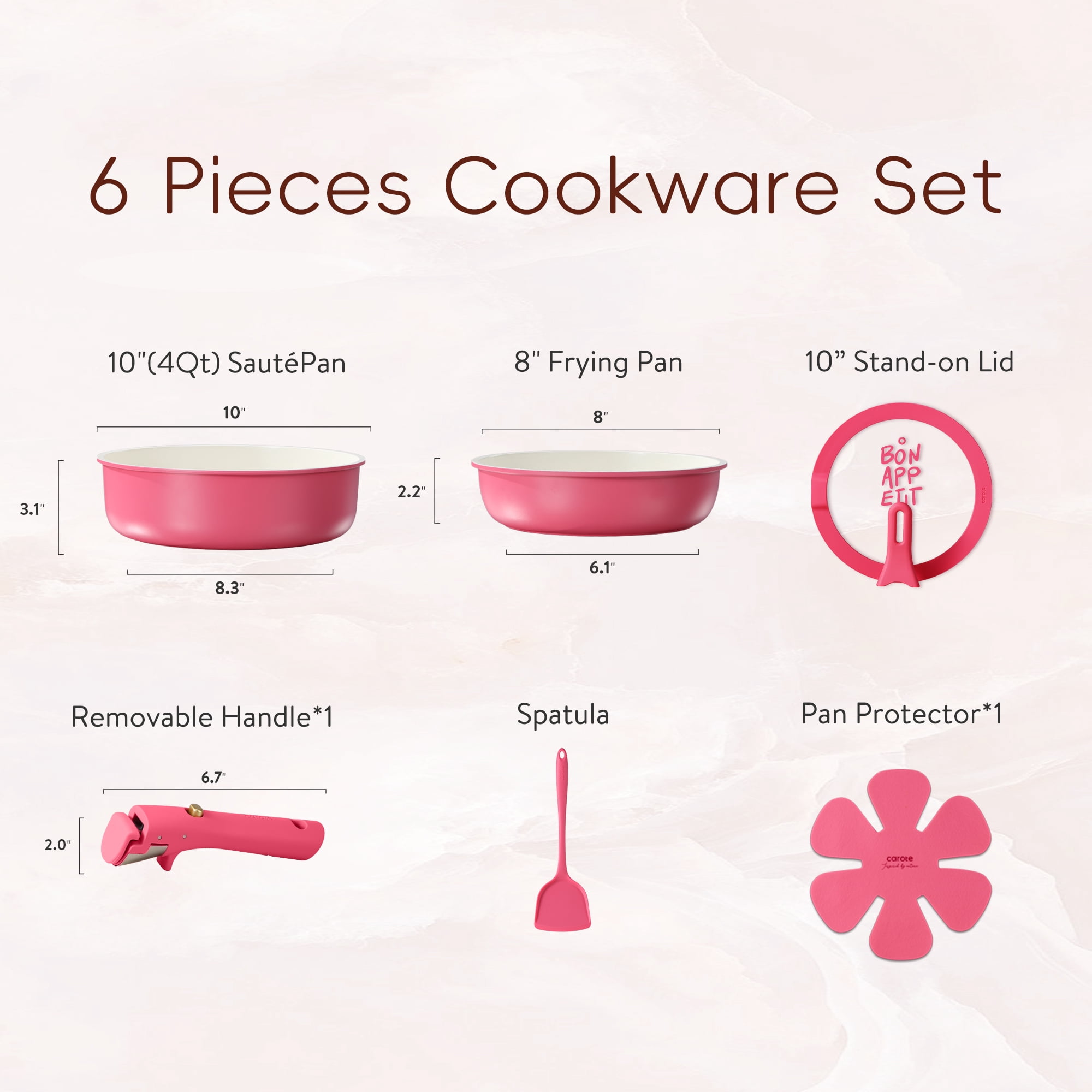 Carote 6 Pcs Ceramic Nonstick Pot and Pan Set, Nonstick Cookware Set with Lid & Detachable Handle, Oven Safe, Induction Ready, Stackable, Rose Pink