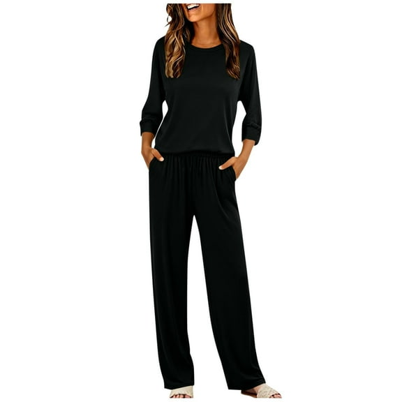 Enjoytime Pajamas for Women Solid Color 3/4 Sleeve Tops with Elastic Waist Long Pants 2 Piece Sets Travel Casual Comfy Loungewear