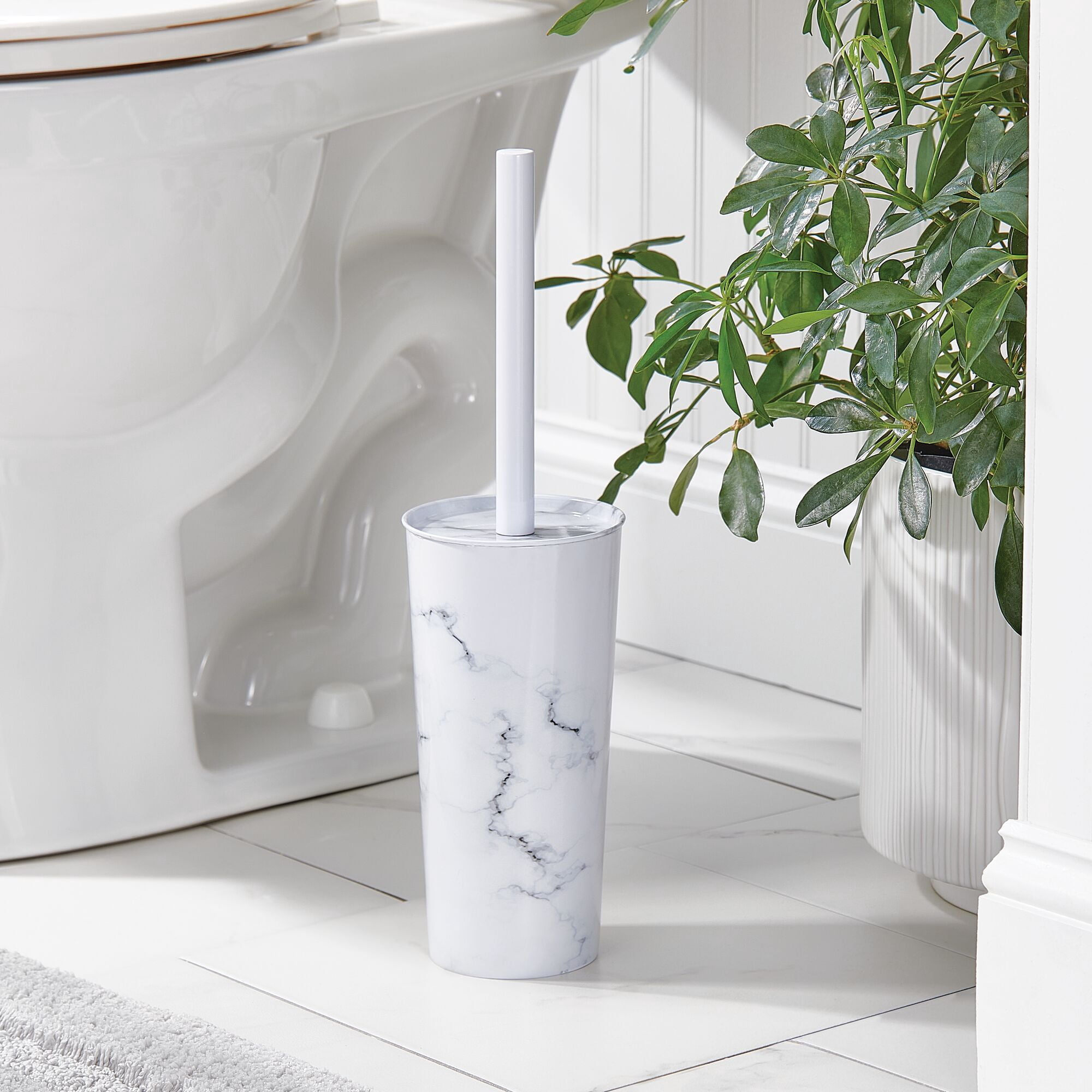 mDesign Steel Toilet Bowl Brush/Holder Bathroom Storage Combo - White Marble