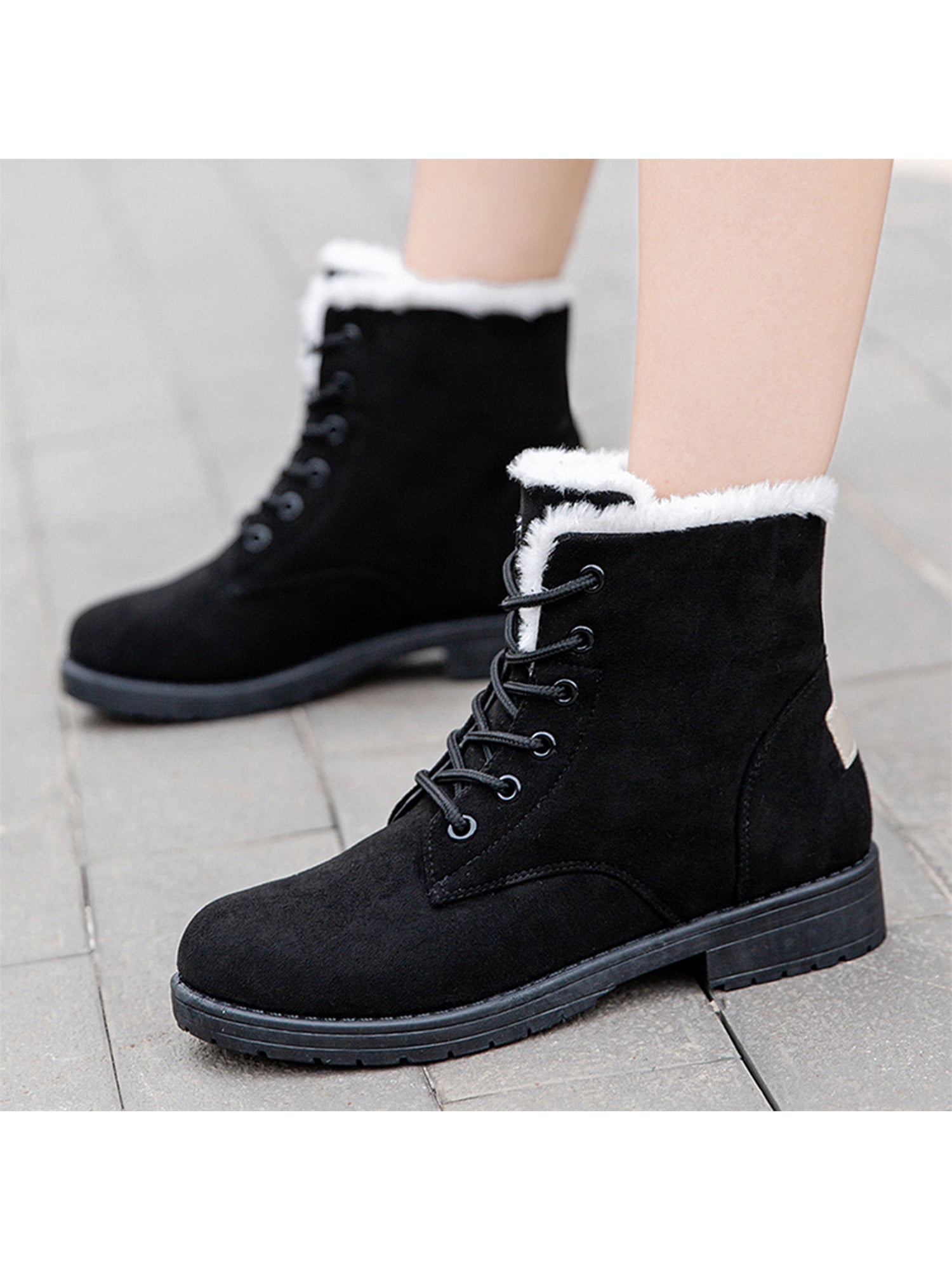 Winter Women Snow Boot Flat Suede Thick Plush Fur Warm Black Red Lace Outdoor Female Warm Short Boots 