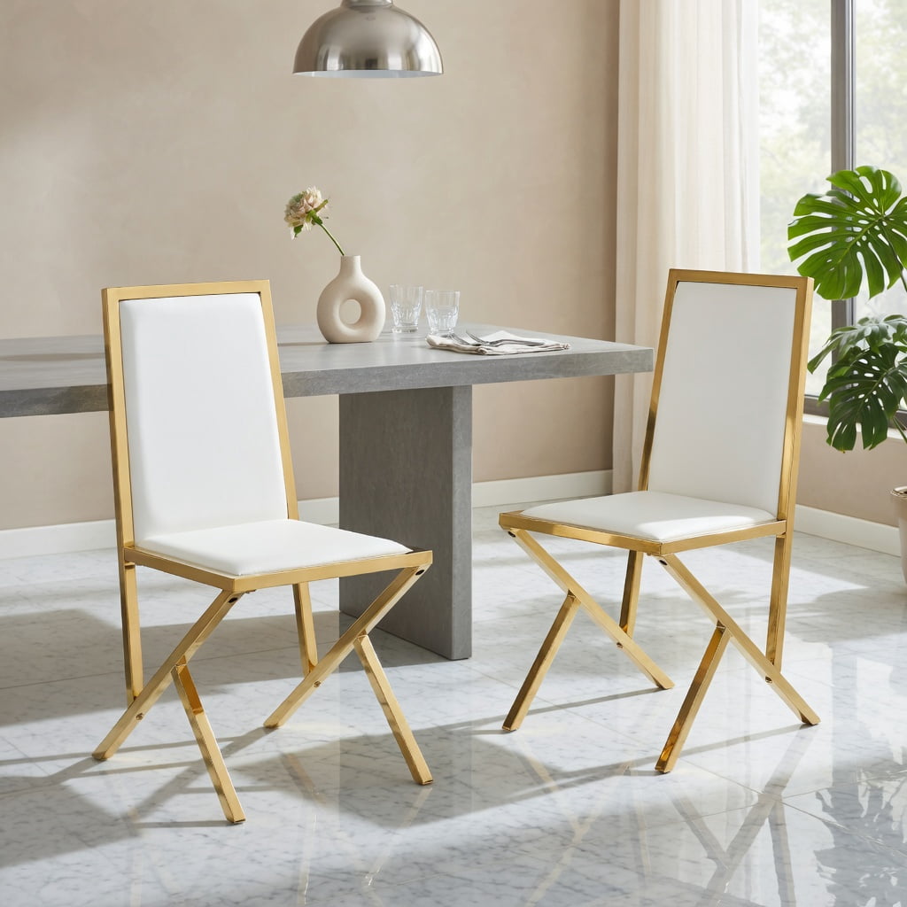 Hommoo 2-Pack Modern PU Leather Dining Chairs with Metal Frame, Ergonomic Back Support, Adjustable Non-Slip Feet, Easy Assembly, White & Gold