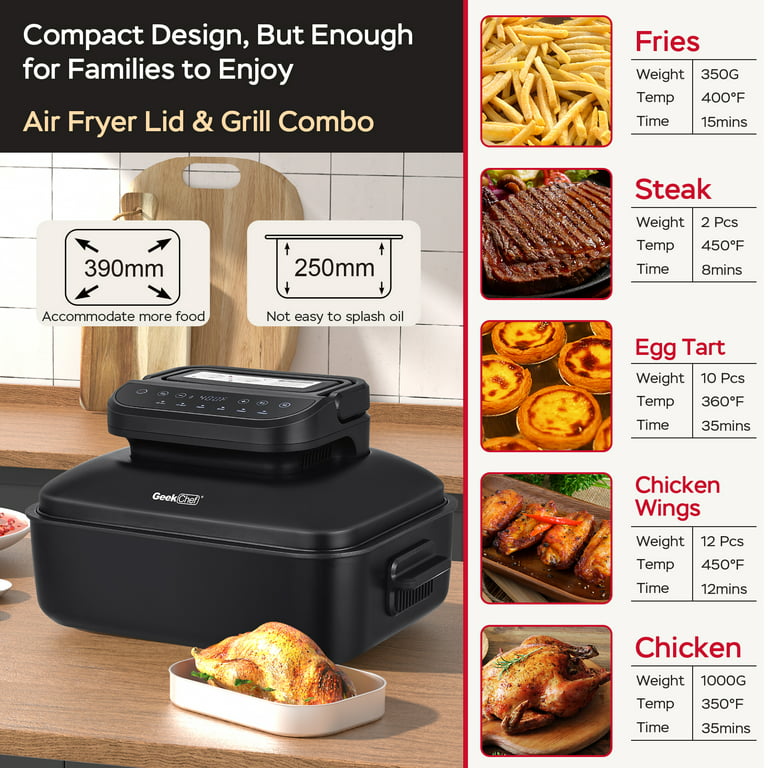 Geekchef 7-in-1 Indoor Grill with 6 qt Air Fryer Combe, Roast and Bake, Smokeless & Oilless, 1500W, Black