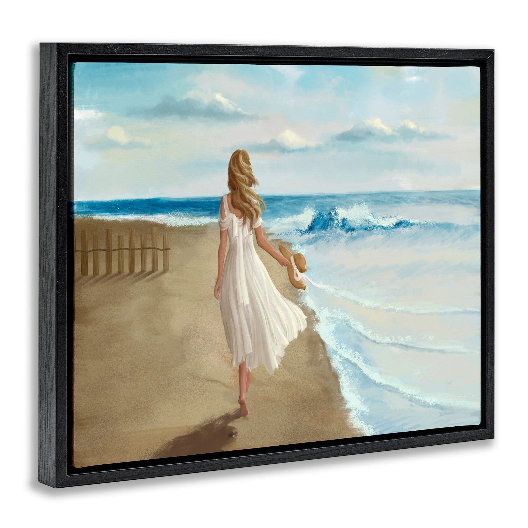 Stupell Industries Walk On The Beach Blue Ocean Painting Jet Black Framed Floating Canvas Wall Art, 16x20, by Ziwei Li