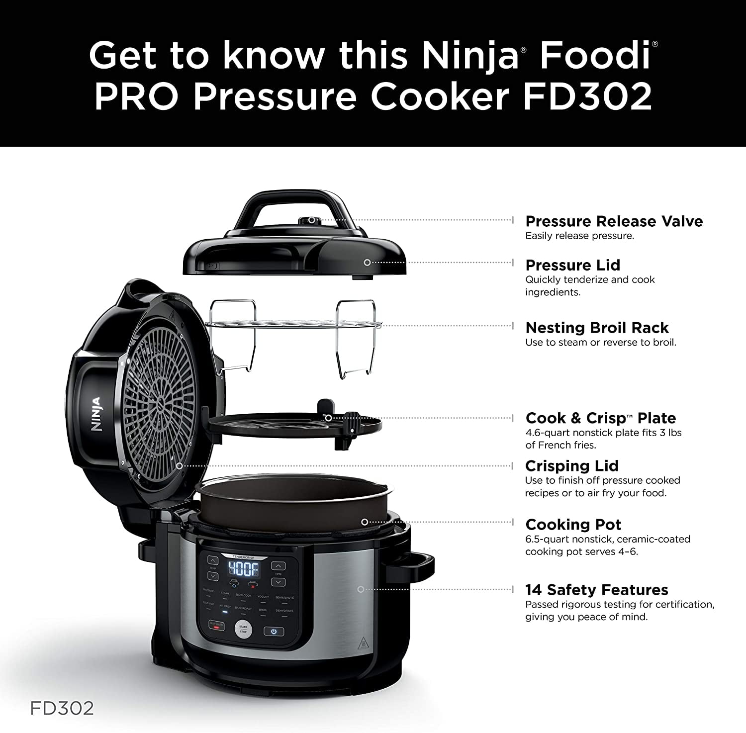 Ninja Brandclub Restored Ninja FD302 Foodi 11 in 1 Pro 6.5 Qt. Pressure Cooker Air Fryer Silver Black Refurbished