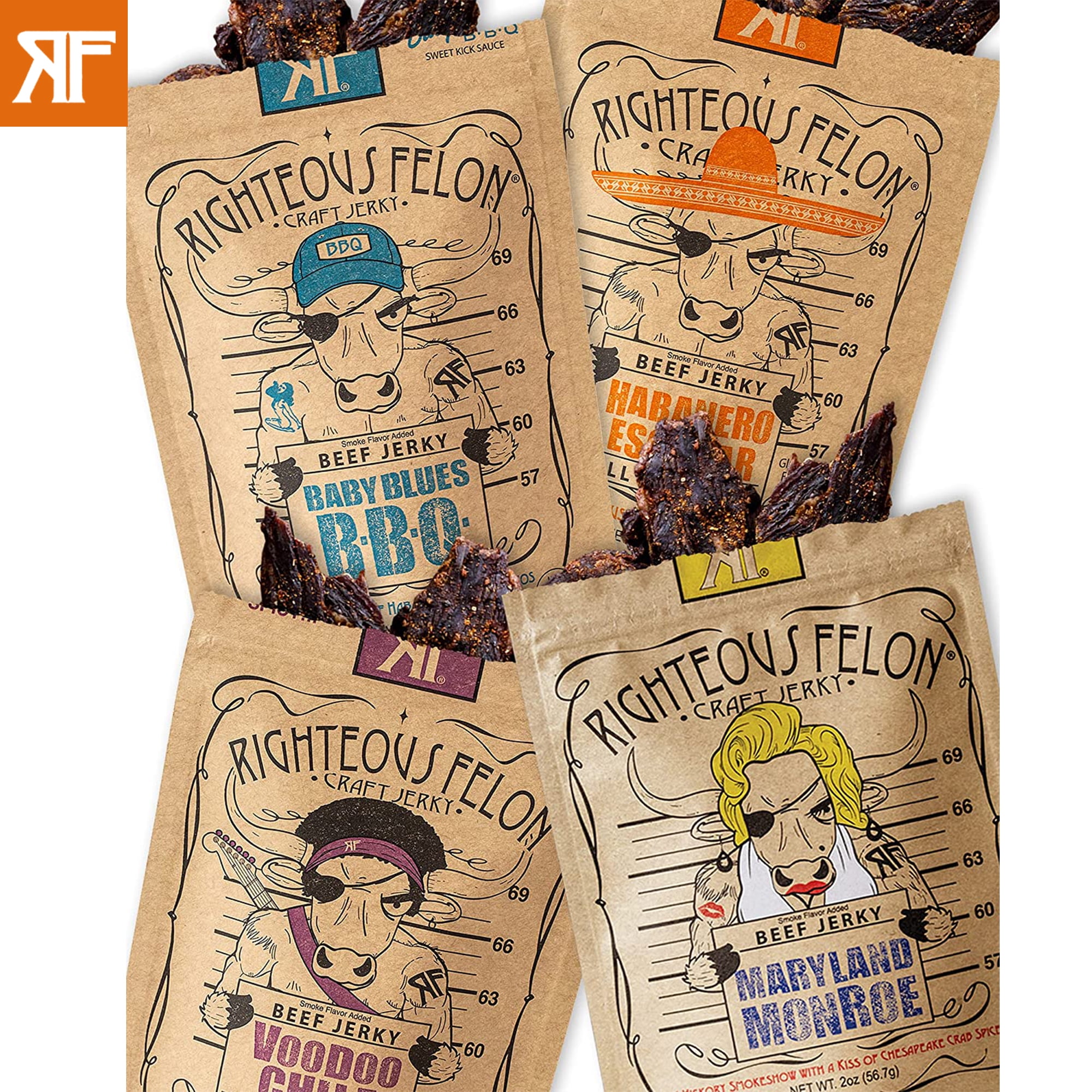 Righteous Felon Beef Jerky Variety Pack 2 oz Bags Low Calorie High Protein Healthy Snacks (Spicy 4 Pack)