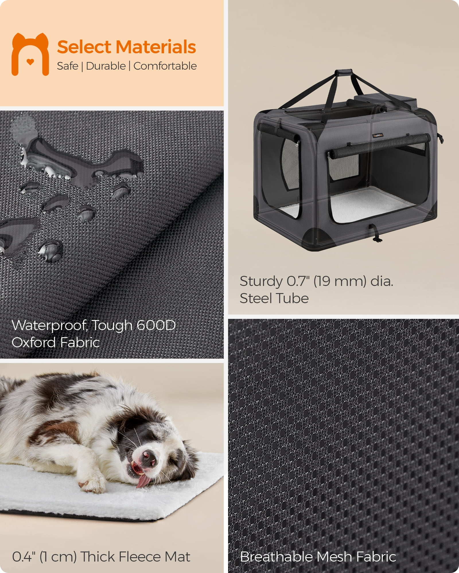 36 Inches Collapsible Soft Dog Crate, Portable Travel Dog Crate for Indoor and Outdoor Use, Dog Carrier Kennel with Safety Zippers, for Living Room, Car, Travelling, Gray