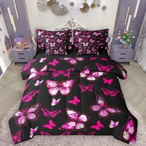 Manfei Cartoon Butterfly Child 7pcs Bedding Comforter Set, Neon Black Pink Queen Bedding Sets, Cute Dreamy Animal Reversible Queen Sheet Sets, Breathable Home Decor