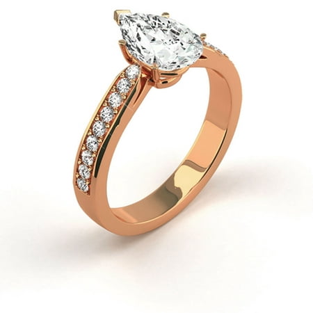 1.25 Carat Weight Pave Pear Shaped Diamond Engagement Ring - 14K Rose (Best Diamond Simulant Engagement Rings)