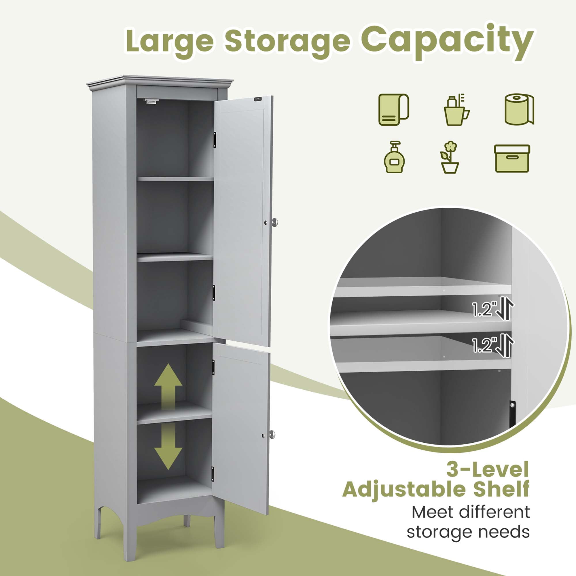 Costway Tall Bathroom Floor Cabinet Narrow Linen Tower with 2 Doors & Adjustable Shelf Grey