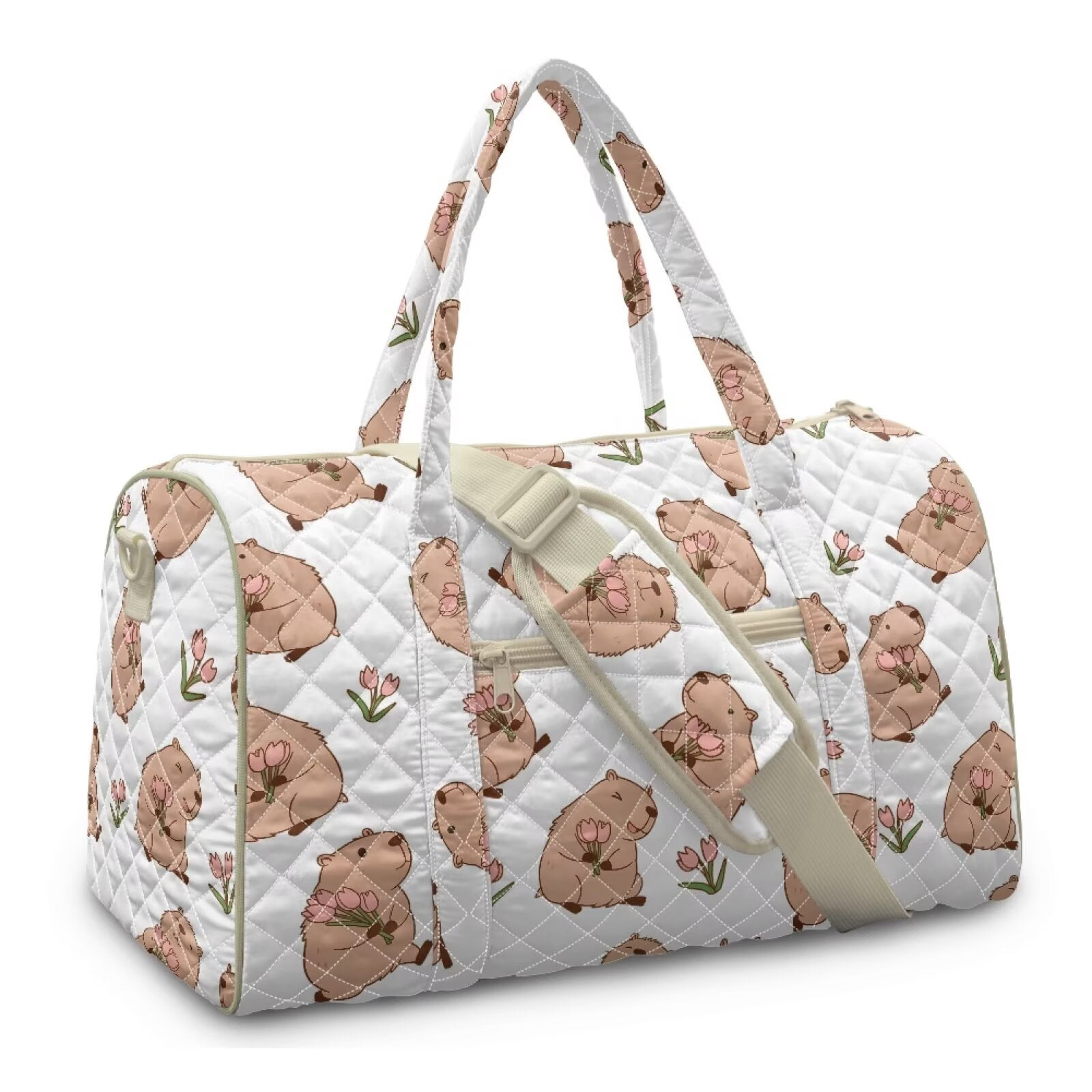 Garronmavis Cute Capybara Print Large Quilted Duffle Bag for Women, Weekender Travel Overnight Gym Carry On Tote Bag with Luggage Sleeve for Work Dance Trips