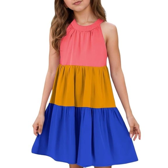 Girls Dresses Sleeveless Color Block Summer Casual Skater Swing A-Line Midi Length Blue Dress Size 3-4 Y