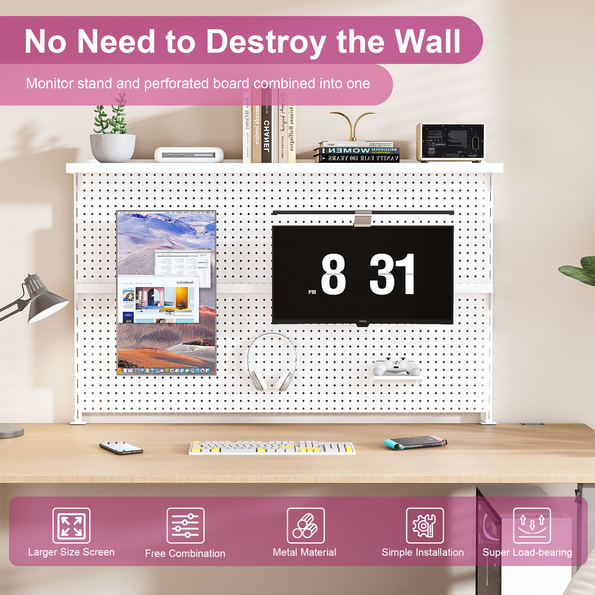 Montary Gaming & Office Desk Organizer with Dual Monitor Stand, 59x35" Metal Pegboard Privacy Panel, White
