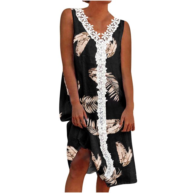 Vestido de cuello en V con estampado de encaje sin mangas con bolsillo de verano informal de moda para mujer Pompotops ghjkhdj9519
