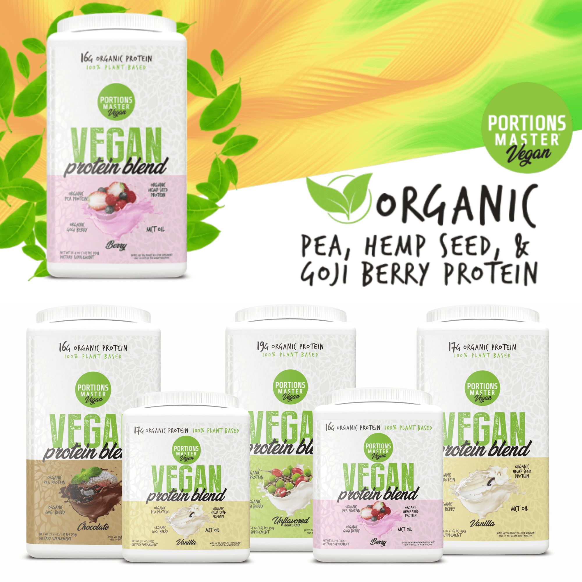 Portions Master Vegan Protein Blend Powder, Plant-Based, Gluten-Free, Dairy-Free (Unflavored 375g)