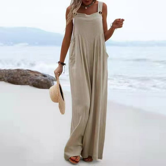 Pntutb Best Women Cold Shoulder Jumpsuit Solid Button Suspender Jumpsuits Wide Pocket Leg Pants