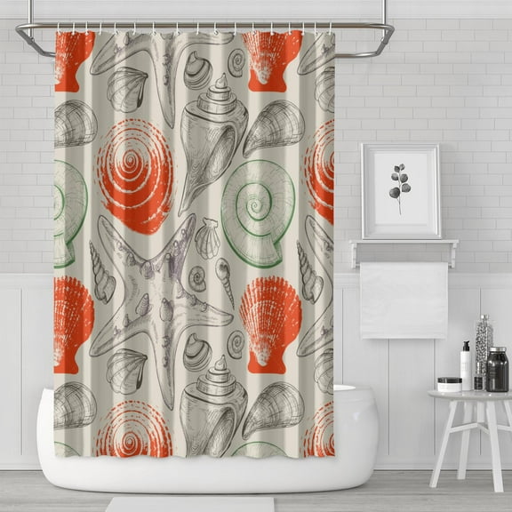 Sea Life Shell Print Shower Curtain 72x72, Waterproof Polyester Coastal Bathroom Curtain with Hooks, Nautical Marine Theme Decor