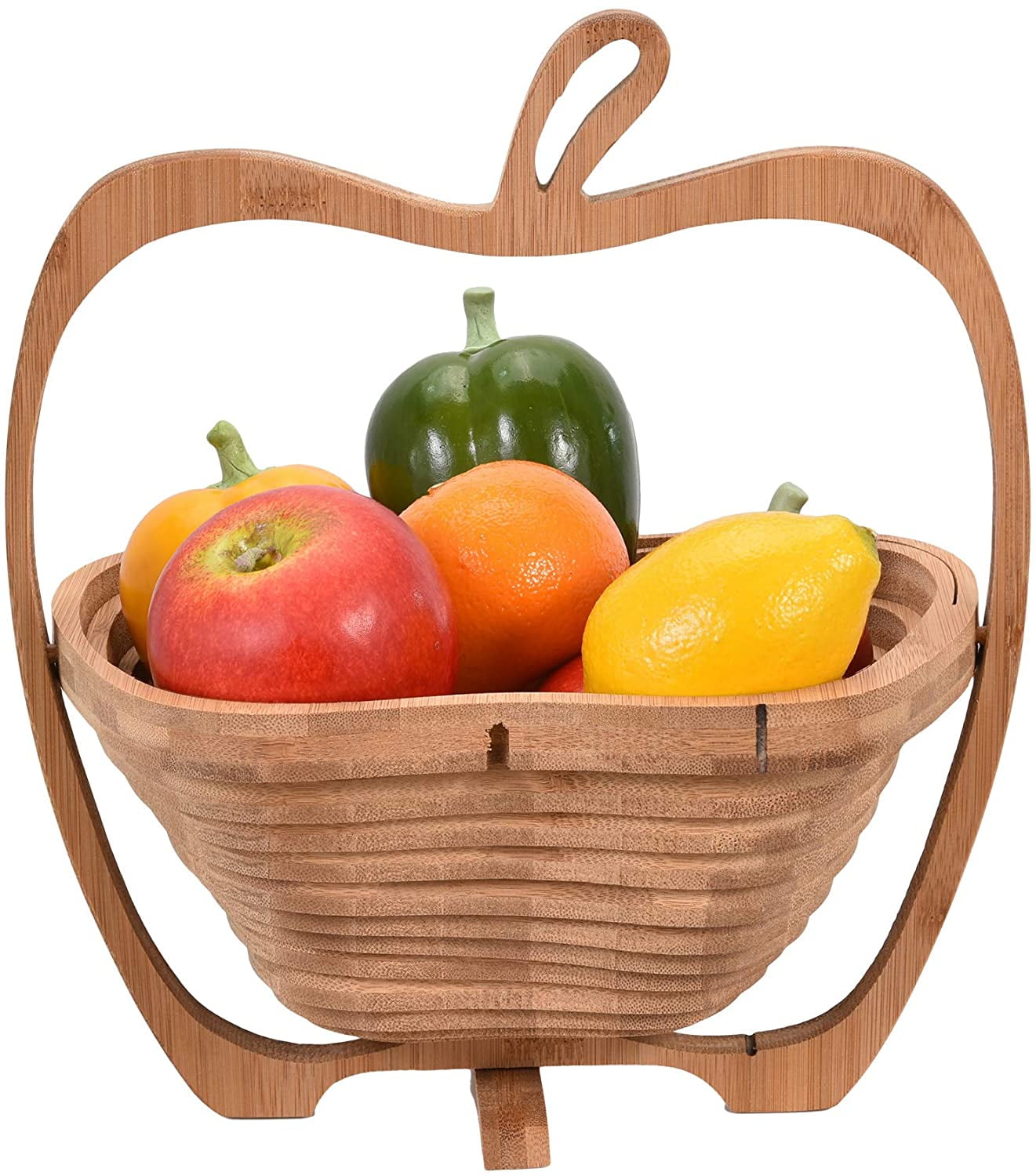 Beher Bamboo Folding Collapsible Fruit Basket Apple Design Fruit Bowl Fruit Display Rack Expandable Kitchen Decor Vegetable Storage Basket Holder 