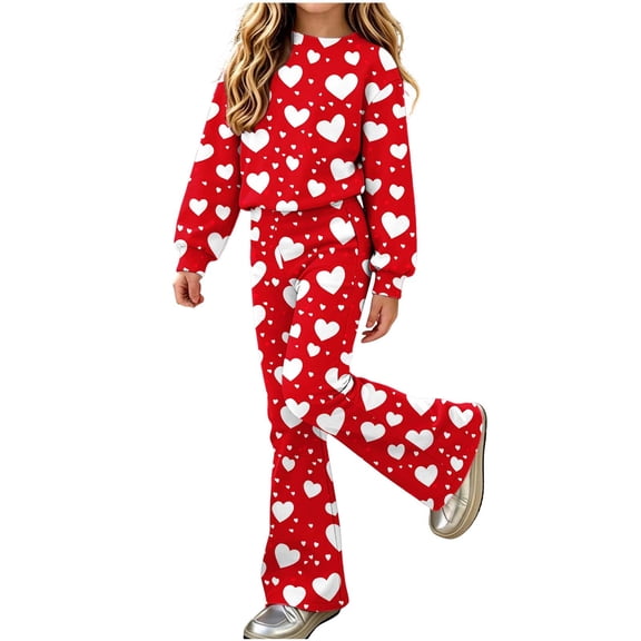 ZBSOKO Girls 2 Piece Outfits Cute Print Fashion Sets Crew Neck Pullover Shirts and Flare Pants Casual Fall Winter Streetwear Sizes 5-15 Years