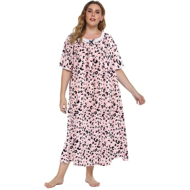 EFINNY Women's Plus Size Long Nightgowns Leopard Print Short Sleeve ...