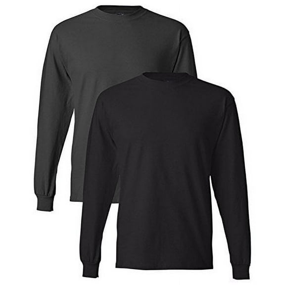 Hanes Preshrunk 100% Cotton 6.1oz. Beefy-T - Long Sleeve T-Shirt (Pack of 2) (1 Smoke Gray / 1 Black)