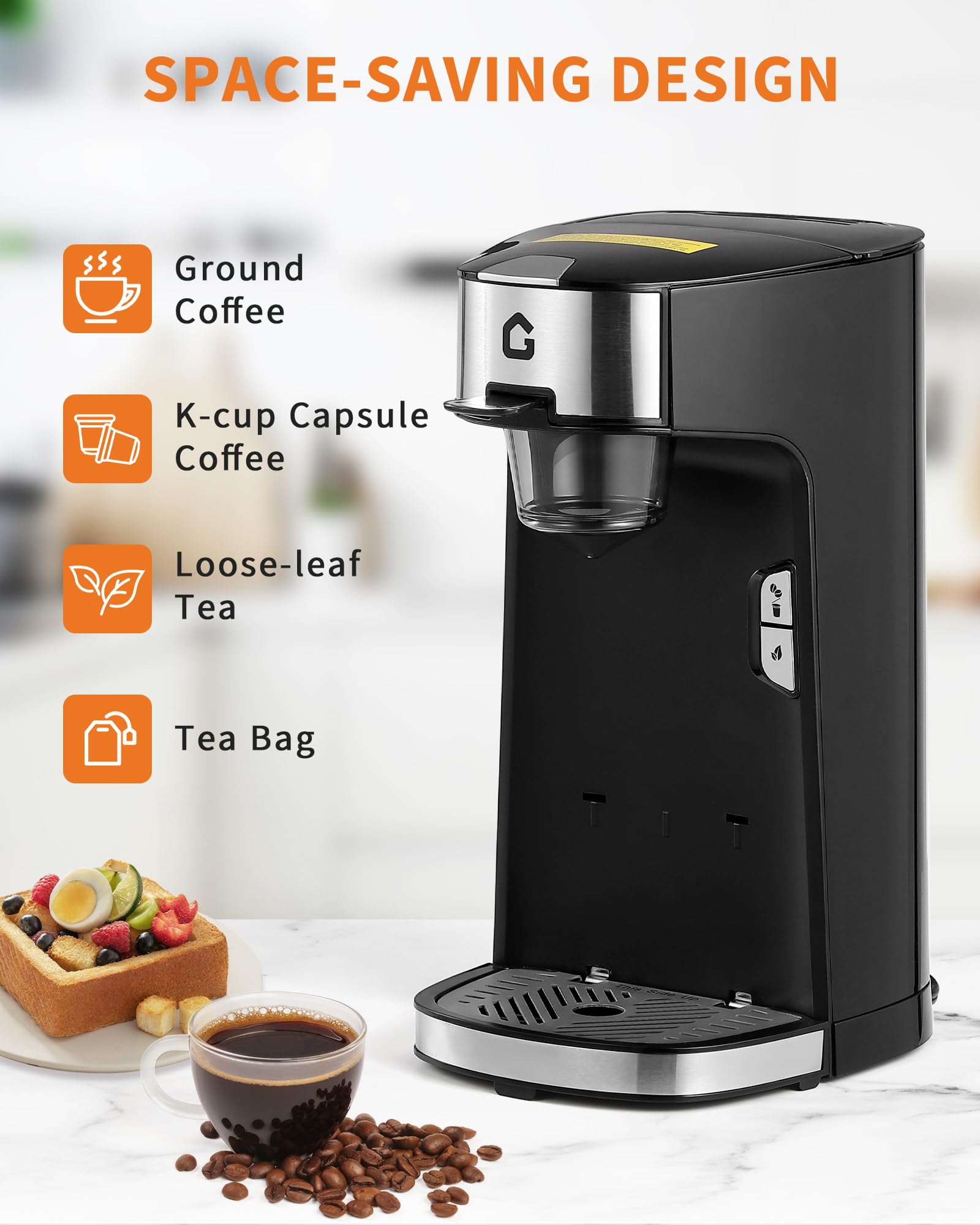 Soonbuy Single Serve Coffee Maker, Small K Pod Machine for Capsule, Ground Coffee & Tea Bag, Hot & Iced Brewer with 18.6oz Water Tank, Adjustable Drip Tray, 2 Brewing Modes