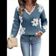 thumbnail image 3 of Suéteres de Cuello en V de Gran Tamaño para Mujer, Suéteres Casuales Sueltos de Larga de Punto Grueso, Suéteres, Tops Azul Agua S, 3 of 8