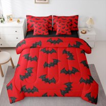 Manfei Boys Happy Halloween 7-Piece Twin Bedding Sets,Trick Or Treat Bedding Comforter Set,Black Bats Sheet Sets For Teens,Ultra Soft Home Decor Reversible