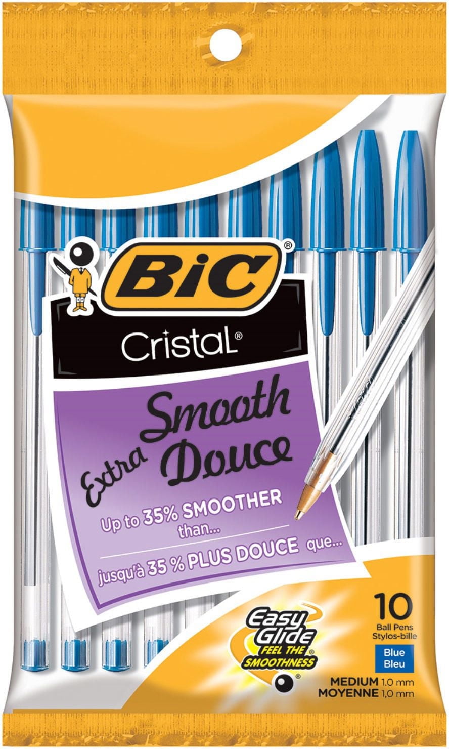 BIC Cristal Extra Smooth Ballpoint Pens, Medium Point (1.0 mm), Assorted Colours, 10-Count Pack, Extra Smooth and Reliable Ballpoint Pens, Pack of 10