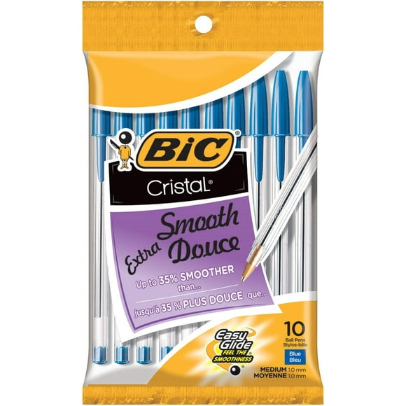 Stylos-bille BIC Cristal Douce, pointe moyenne (1,0 mm), couleurs assorties, paquet de 10 stylos, stylos-bille fiables et très confortables.