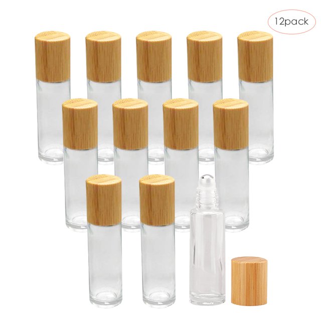 Vidrio Enrollables De 10 Ml Para Botellas De Rodillo De Vidrio De Aceite Esencial, Contenedor Recargable Con Tapa De Bambú 2 Botellas Vogacara CE008864-02
