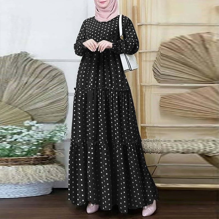 Women's Polka Dot Muslim Abaya Dress Tiered Kaftan Praying Dress Long  Sleeve Flowy Maxi Dress Islamic Evening Gown - Walmart.com