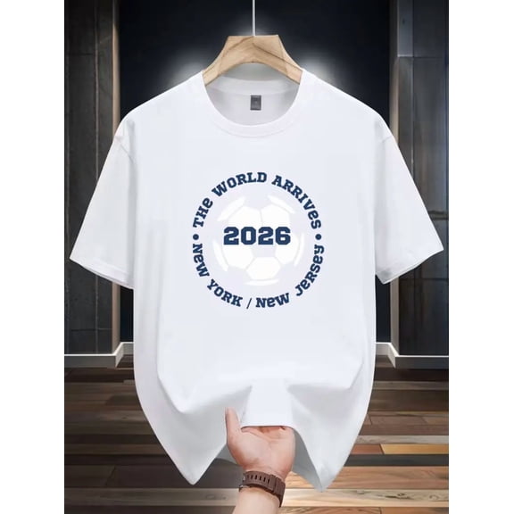 2026 New York New Jersey Themed Print Loose-Fit Men's Short-Sleeve T-Shirt - Black, , and White Event City Typography Design, Comfortable Fit for Soccer Fans' Daily Match