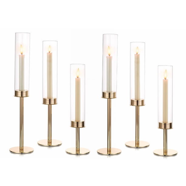 Porta Velas Hewory 6 Piezas Dorado Cónico con Cubierta de Vidrio