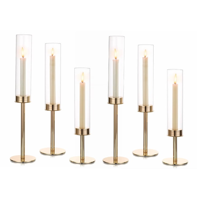 Porta Velas Hewory 6 Piezas Dorado Cónico con Cubierta de Vidrio