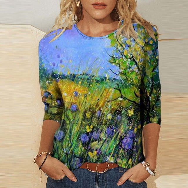 Qertyioot Hauts de Mode pour Femmes, T-shirt Imprimé Manches 3/5 Blouse Col Rond Décontracté
