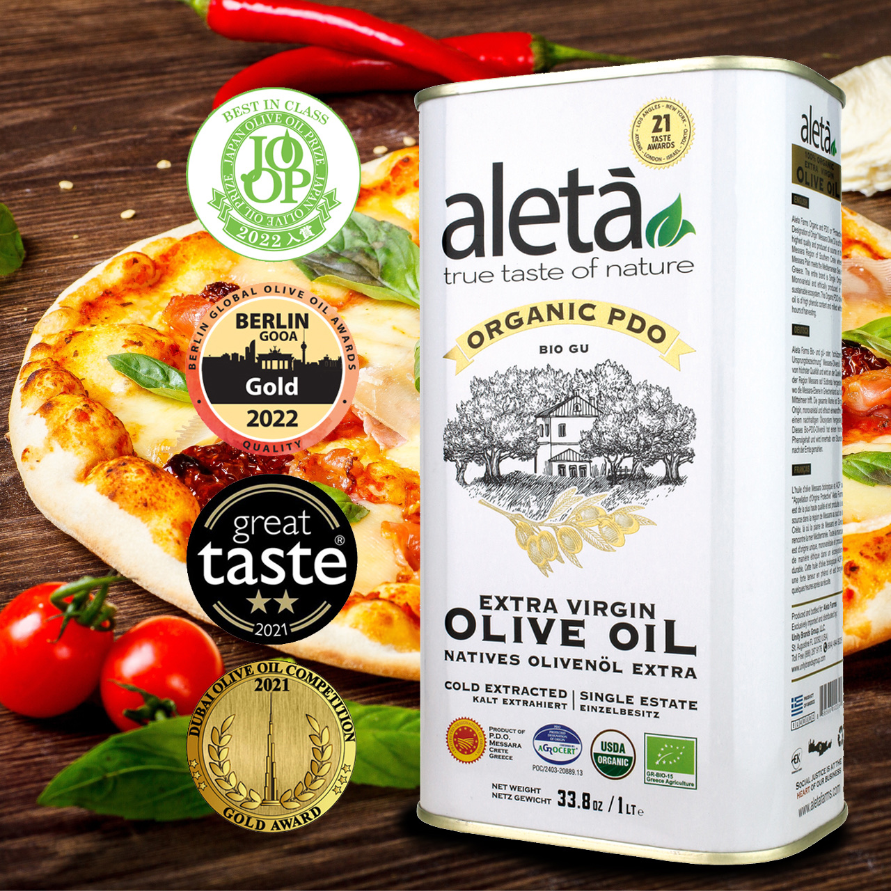 Aleta, Organic PDO Extra Virgin Olive Oil, Certified Single Estate Messara Valley Greece, Award-Winning First-Cold Press, Traceable & Kosher, 1 Lt (33.8 oz.) Tin