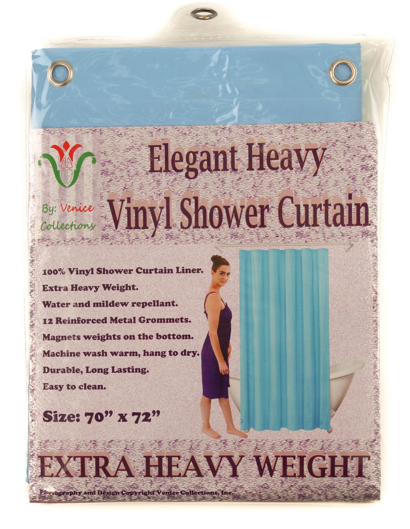 Venice Elegant Home Heavy Duty Vinyl Shower Curtain Liner With 12 Metal Grommets 2-Pack Sky Blue