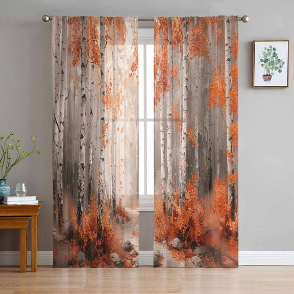 Red Orange Sheer Curtains 63 Inches Length 2 Panels Set, Window Sheer Curtains for Living Room/Bedroom, Modern Oil Painting Art Forest Light Filtering Rod Pocket Curtain 52'' x 63'' x 2