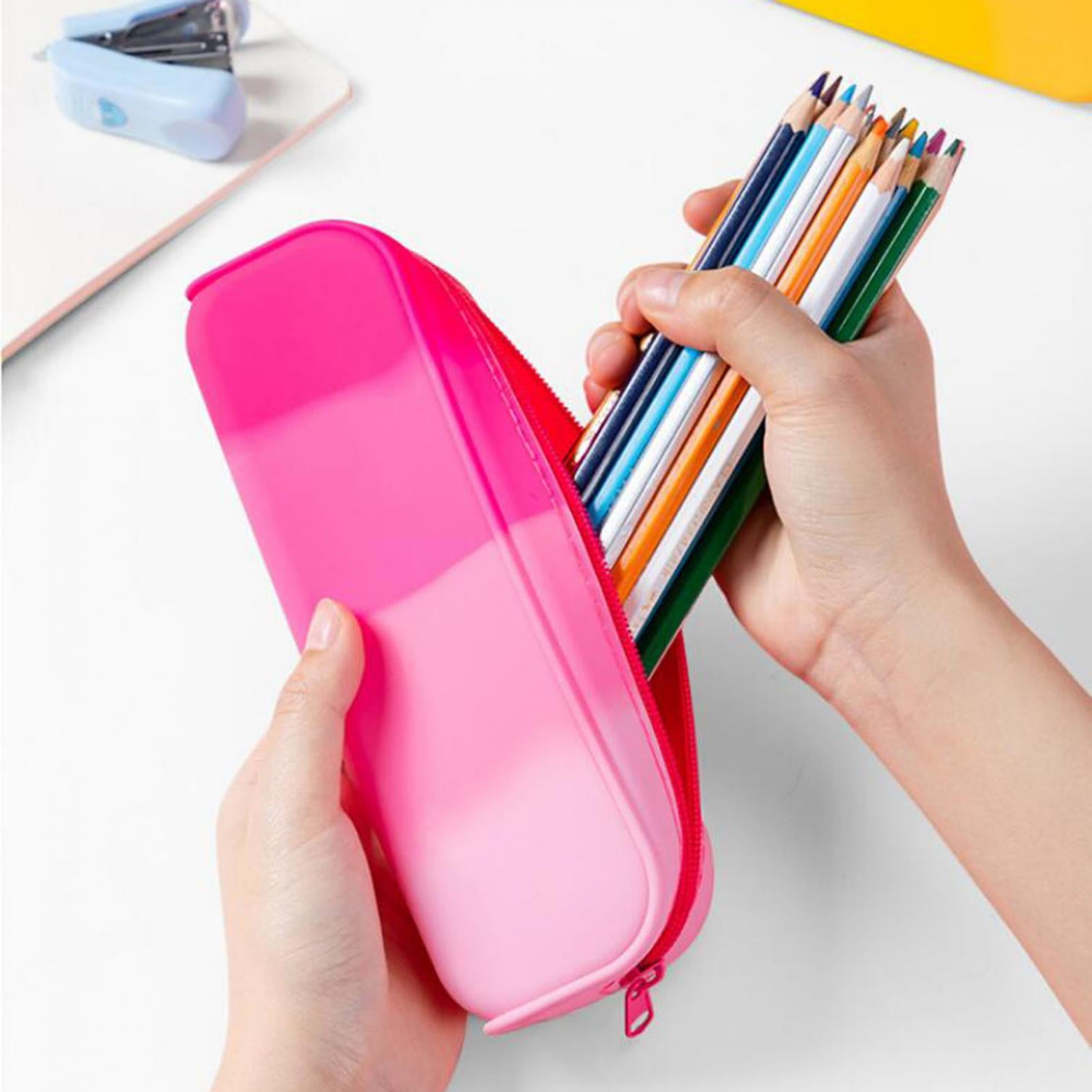 Ziloco pencil pouch small Student Gradient Color Rectangular Silicone  Texture Pencil Bag Large Capacity Zipper Bag Suitable For Students pencil  boxes for school ,Pink 